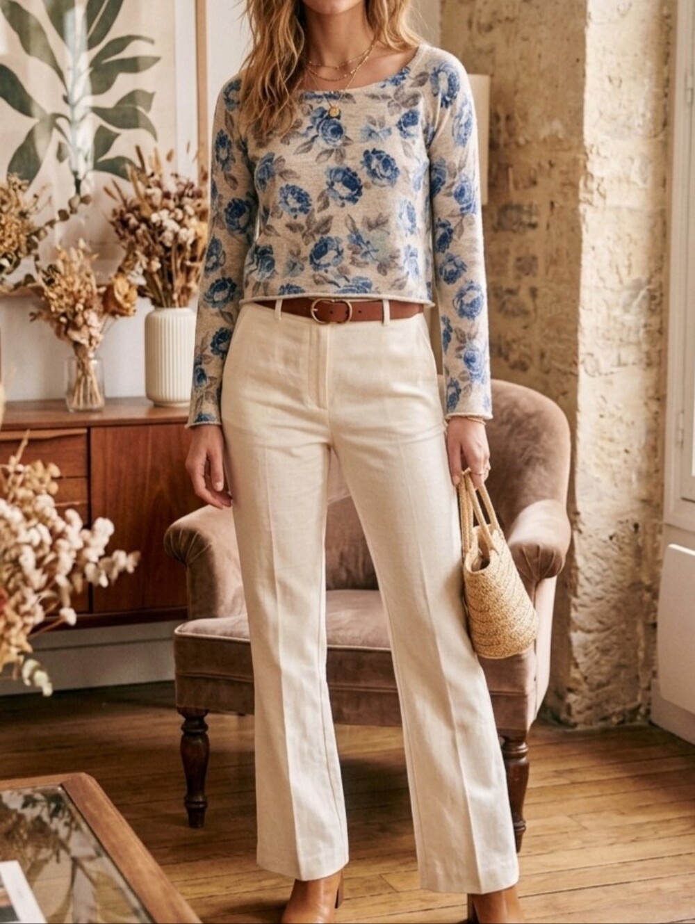 3/$15 🌺Forever 21 Blue Floral Long-Sleeve Cropped Top
